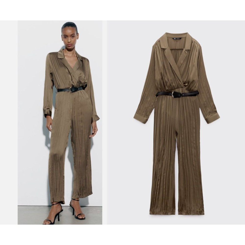 ZARA SATIN EFFECT JUMPSUIT WITH BELT L Long sleeves Olive Green 9878/135